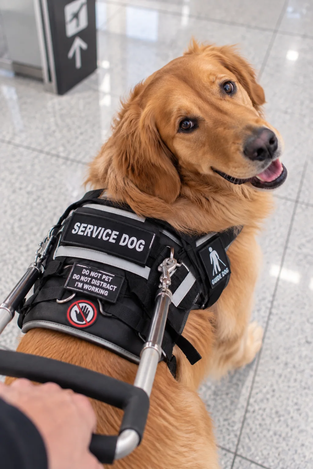 A golden retriever looking back towards its handler at an airport, wearing a harness marked Service Dog.
